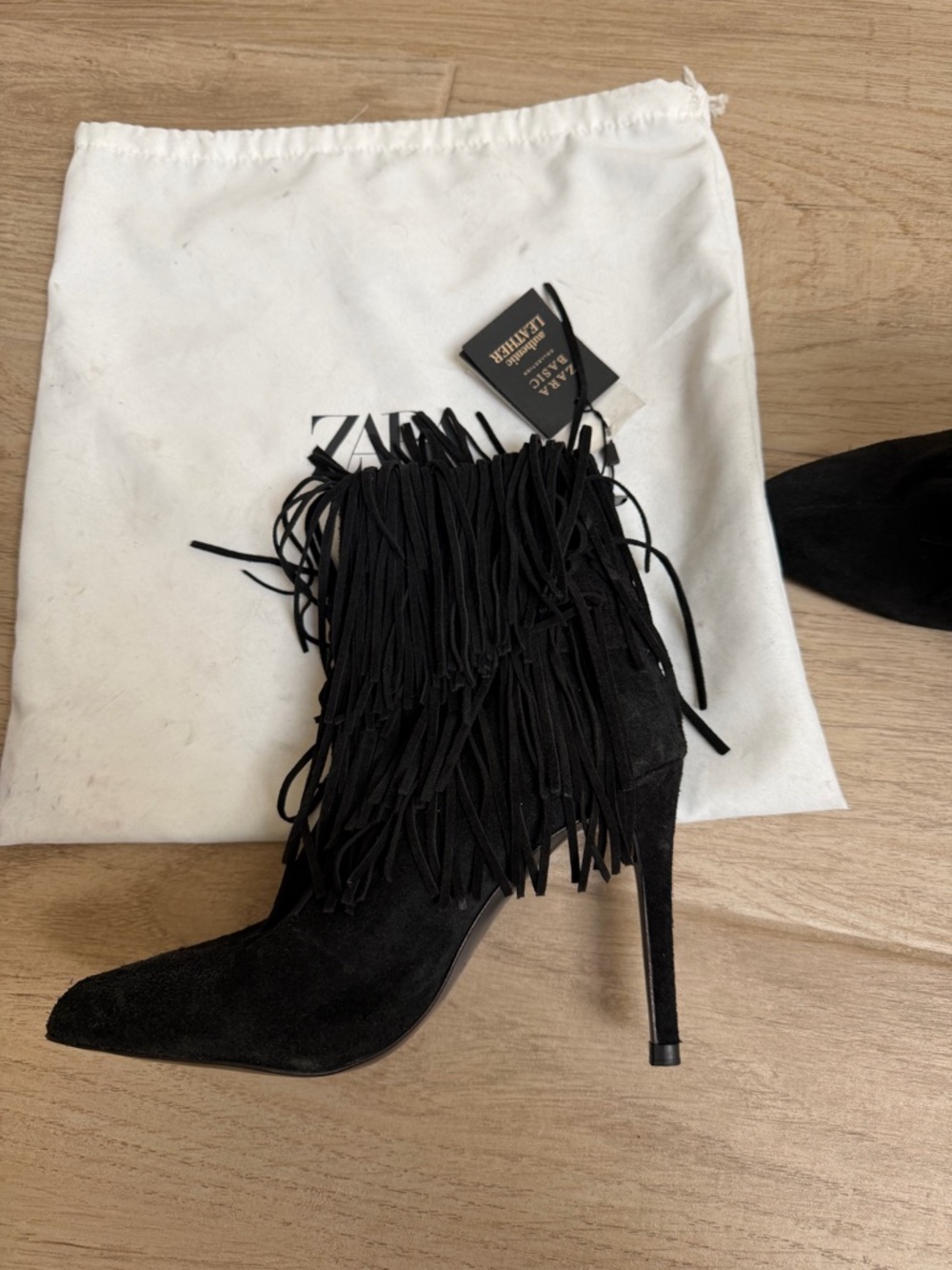 Zara Black Suede Fringe Stiletto Ankle Boots